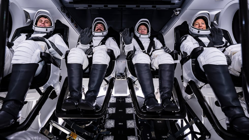 This image provided by SpaceX shows members of NASA’s SpaceX mission from left to right,...