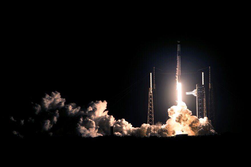 In this image provided by NASA, a SpaceX Falcon 9 rocket with a crew of four aboard the Dragon space craft lifts off from pad 40 at the Cape Canaveral Space Force Station in Cape Canaveral, Fla., Friday, Feb. 13, 2026.