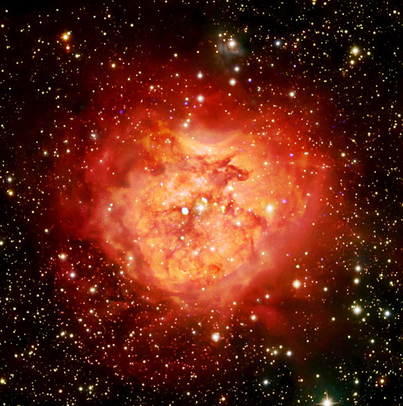 This composite image shows the heart-shaped Cocoon Nebula: X-ray data from Chandra reveal a cluster of new stars that are just poking through the stunning nebula; optical light data from astrophotographers Michael Adler and Barry Wilson, as well as infrared light data from WISE mission are also included. Image credit: NASA / CXC / SAO / JPL / Caltech / WISE / M. Adler / B. Wilson / L. Frattare.