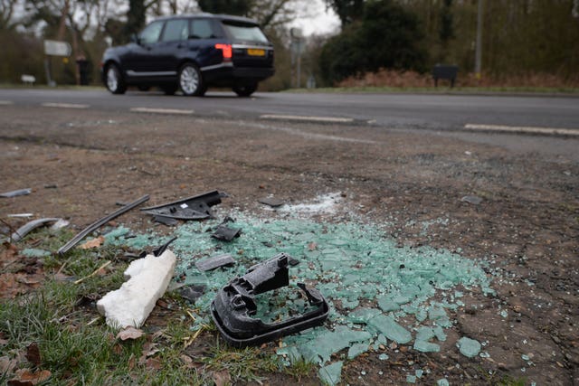 Broken glass and car parts on the side of the A149 near to the Sandringham Estate where the Duke of Edinburgh was involved in a road accident in 2019 