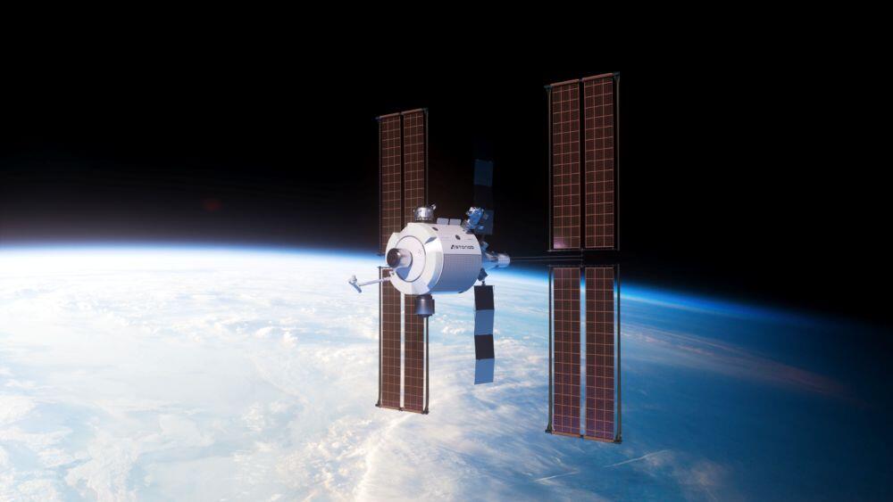 A digital rendering of the Starlab, which includes a large habitation and laboratory module with a smaller service module for power and propulsion. Starlab