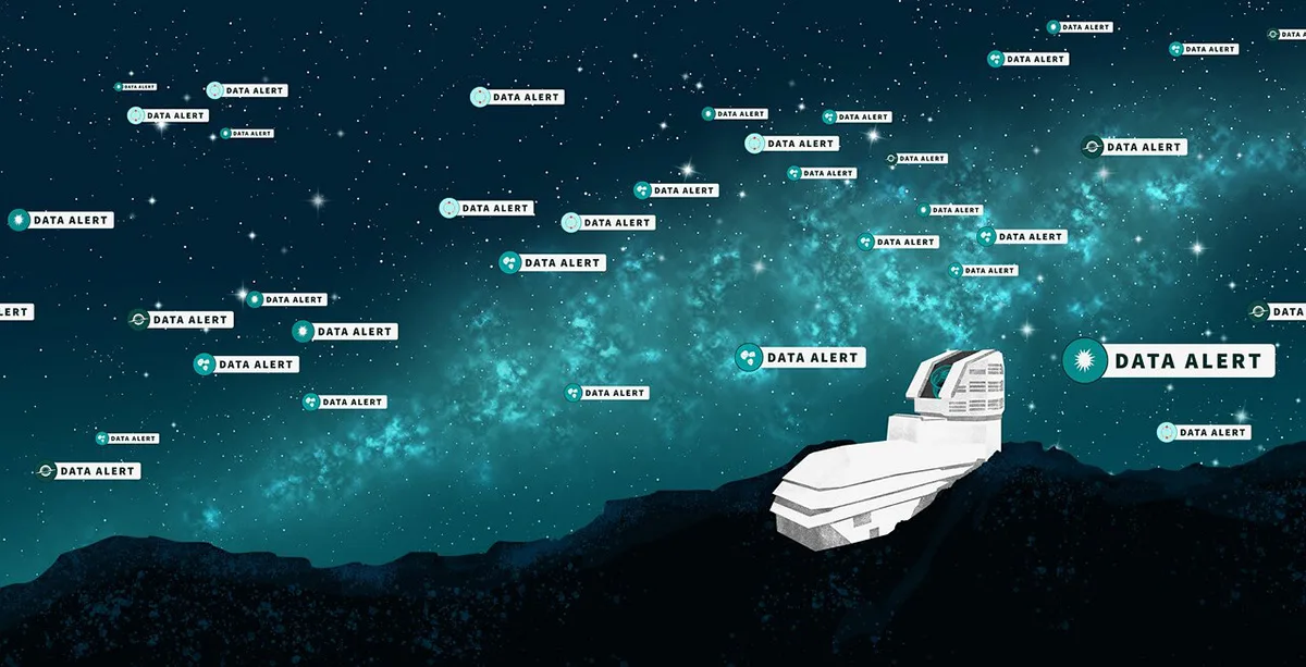 Artist's impression of the alert system produced by the Vera Rubin Observatory. Credit: NSF–DOE Vera C. Rubin Observatory/NOIRLab/SLAC/AURA/P. Marenfeld/J. Pinto