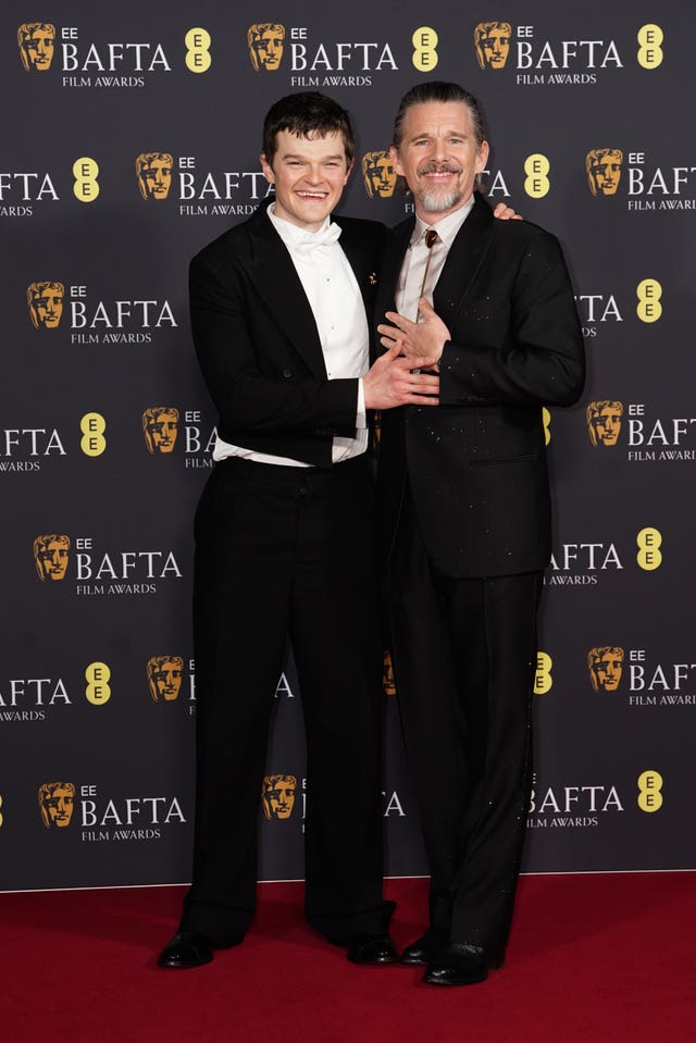 Robert Aramayo and Ethan Hawke pose for a photo during the 79th British Academy Film Awards at the Royal Festival Hall, Southbank Centre, London