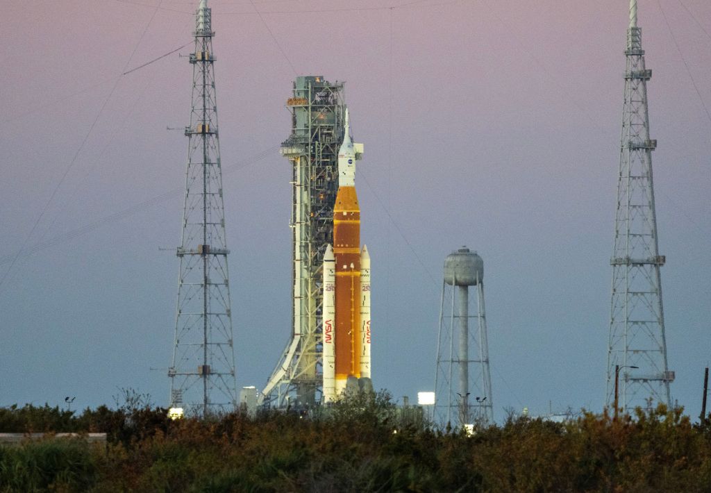 Artemis II Moon Rocket at Launch Complex 39B at sunset, Kennedy Space Center.