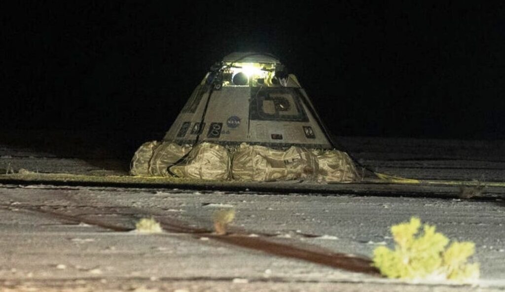 Boeing’s Starliner craft sits in the New Mexico desert after its uncrewed return to Earth in 2024. (Boeing Photo)