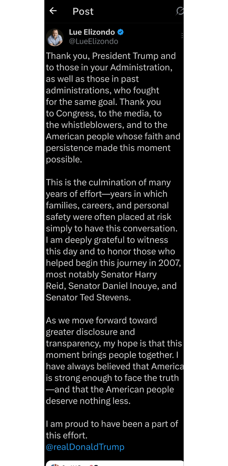 Lue Elizondo Thanking President Trump on Twitter