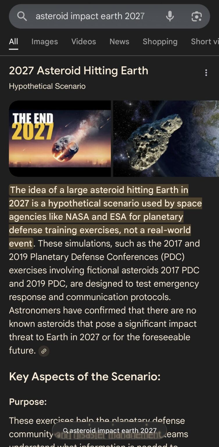 How many people are googling or are concerned about the 2027 asteroid scenario as far as I know not a lot of people know about it but google wants you to it to worry 😉