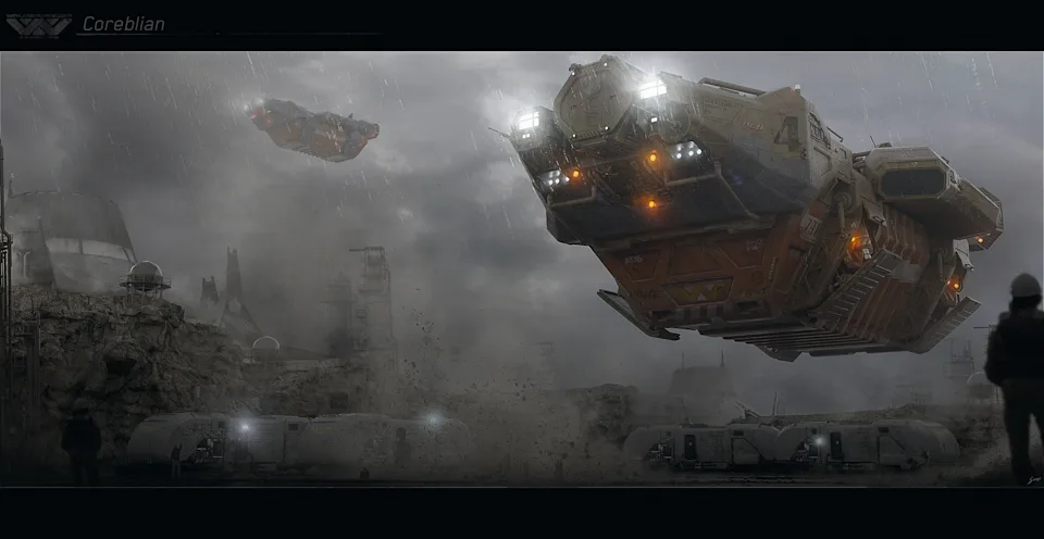 Concept art for Alien: Romulus showing the Corbelan IV mining hauler