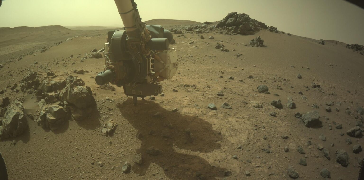 Awesome view of Perseverance at work, captured a few hours ago by her front hazard avoidance camera.