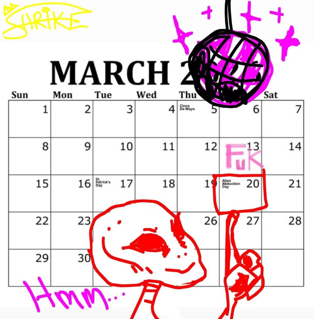 Noticed something funny on @johnnyblueskies Instagram story... calendar entry for a week after their new album releases. 👽 (doodles added by me just for fun)