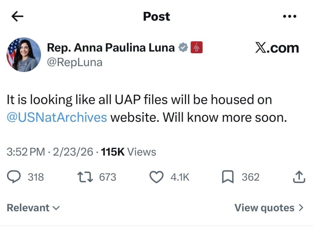 Rep. Anna Paulina Luna: All UAP Files May Soon Be Hosted on the National Archives Website