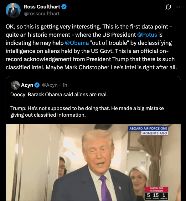 [Coulthart] This is an official on-record acknowledgement from President Trump that there is such classified intel. Maybe Mark Christopher Lee's intel is right after all.