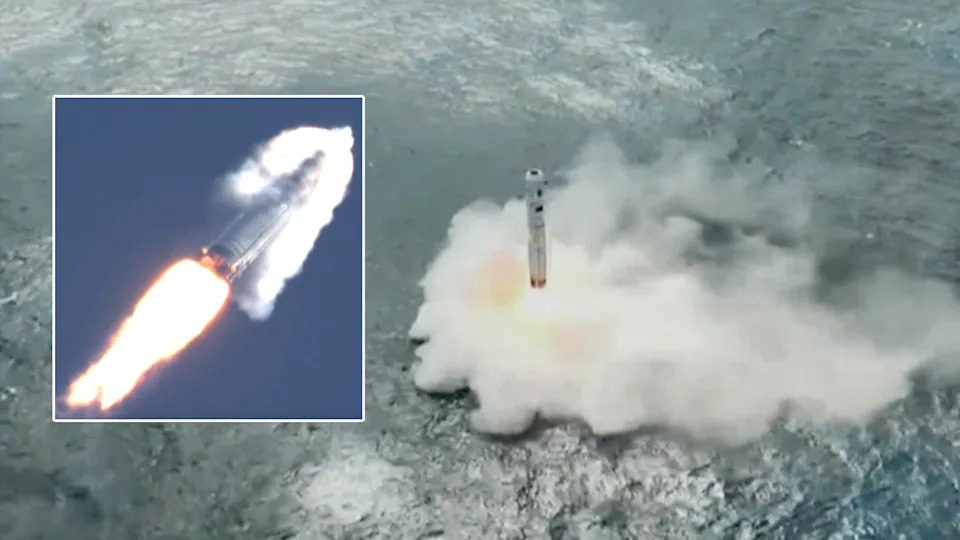 photo showing a rocket landing in the ocean, causing a large plume of water vapor to rise. an inset photo depicts a small conical spacecraft flying through a blue sky