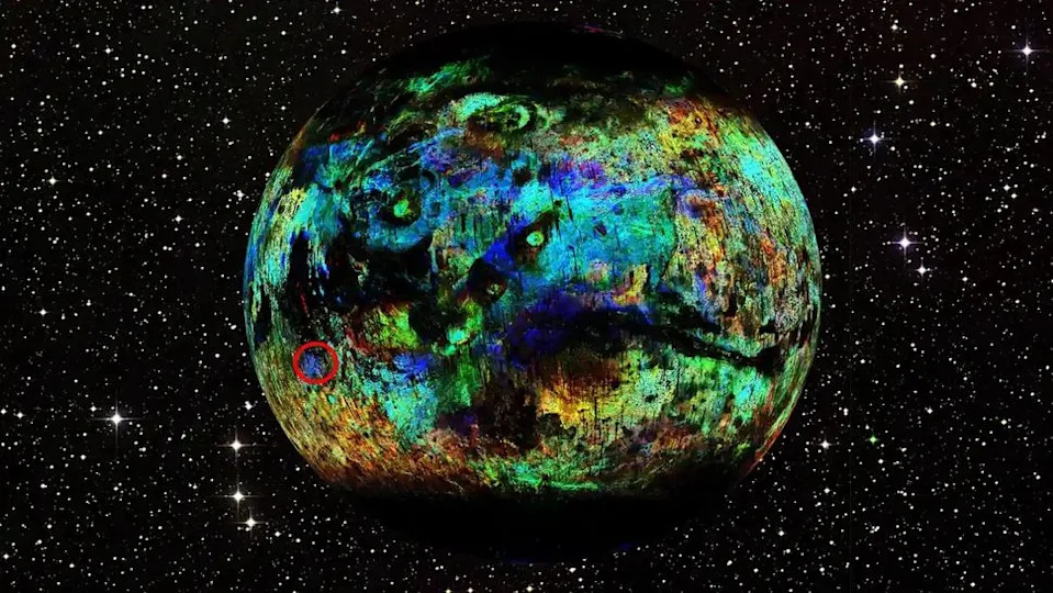 A multicolor map of Mars highlighting the location of the crater that birthed Black Beauty
