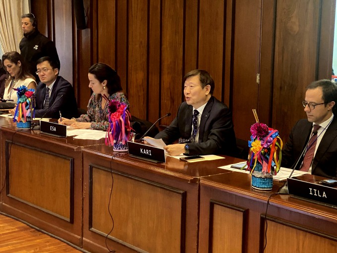 Lee Sang-chul, President of the Korea Aerospace Research Institute, speaks at the first in-person General Assembly of the Latin American and Caribbean Space Agency (ALCE) in Querétaro, Mexico, on the 20th (local time). Photo courtesy of KARI.