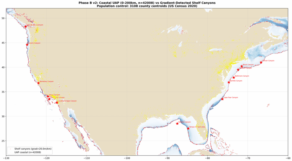 I ran a statistical analysis of 42,000 UAP reports against seafloor canyon data.