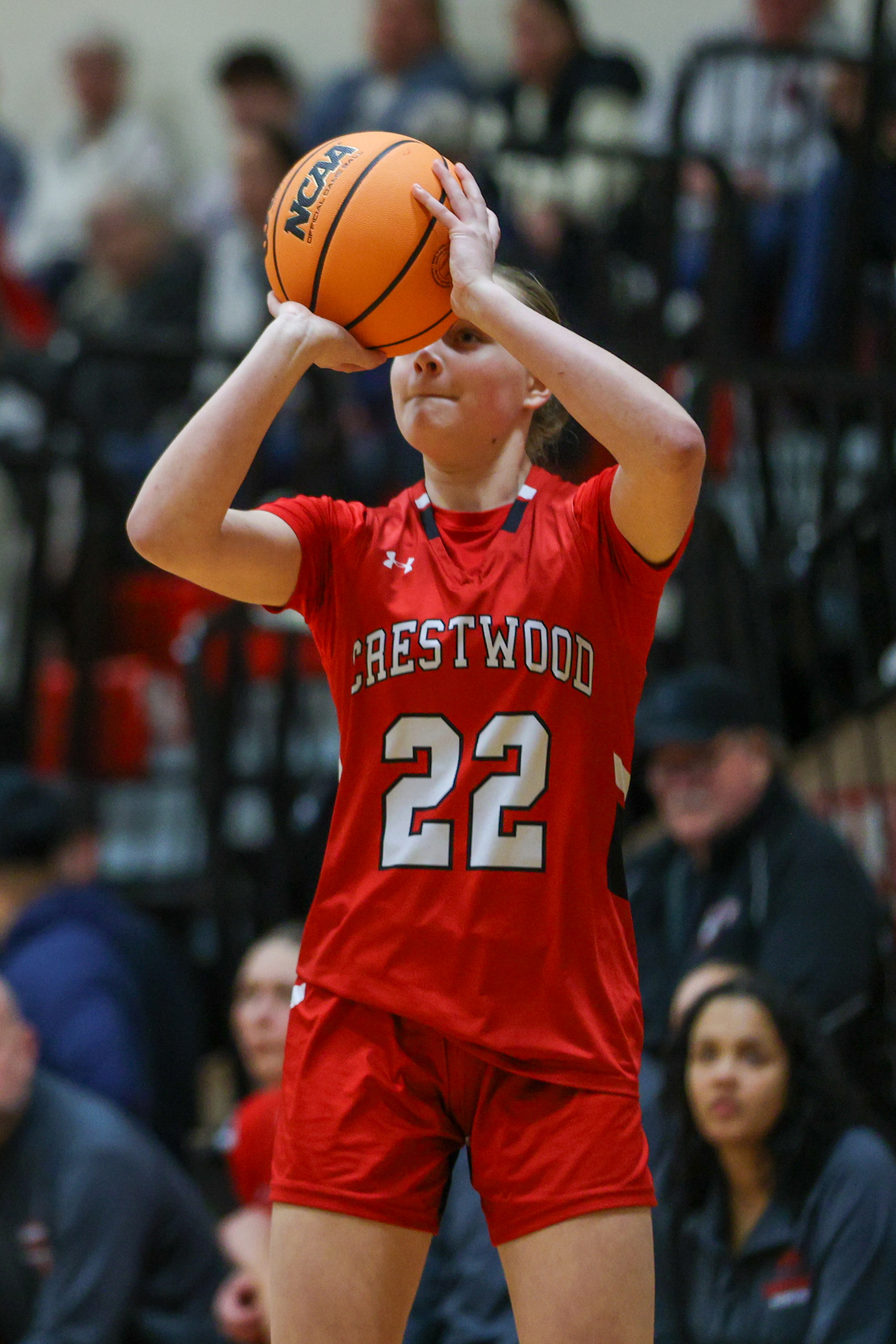 Crestwood’s (22) takes a 3-pointer during a Wyoming Valley Conference...