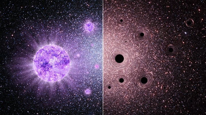 An artist’s impression of a globular cluster near its birth (left), hosting extremely massive stars with powerful stellar winds that enrich the cluster with elements processed at extremely high temperatures. (Right), an ancient globular cluster as we observe it today: surviving low-mass stars retain traces of the winds from those extremely massive stars, which have since collapsed into intermediate-mass black holes. Credits: Fabian Bodensteiner; background: image of the Milky Way globular cluster Omega Centauri, captured with the WFI camera at ESO’s La Silla Observatory.