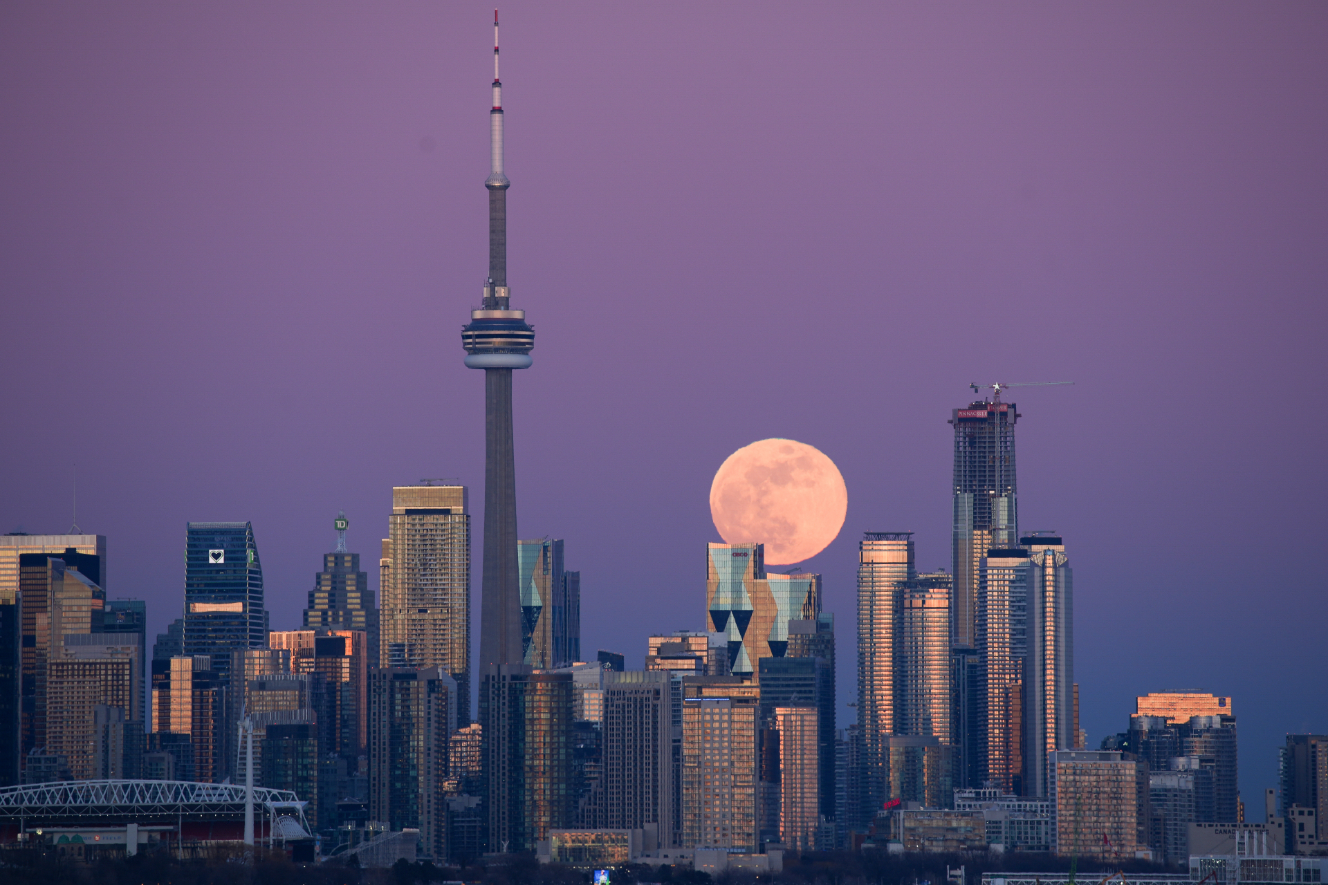 A full moon is pictured rising over a city skyline.