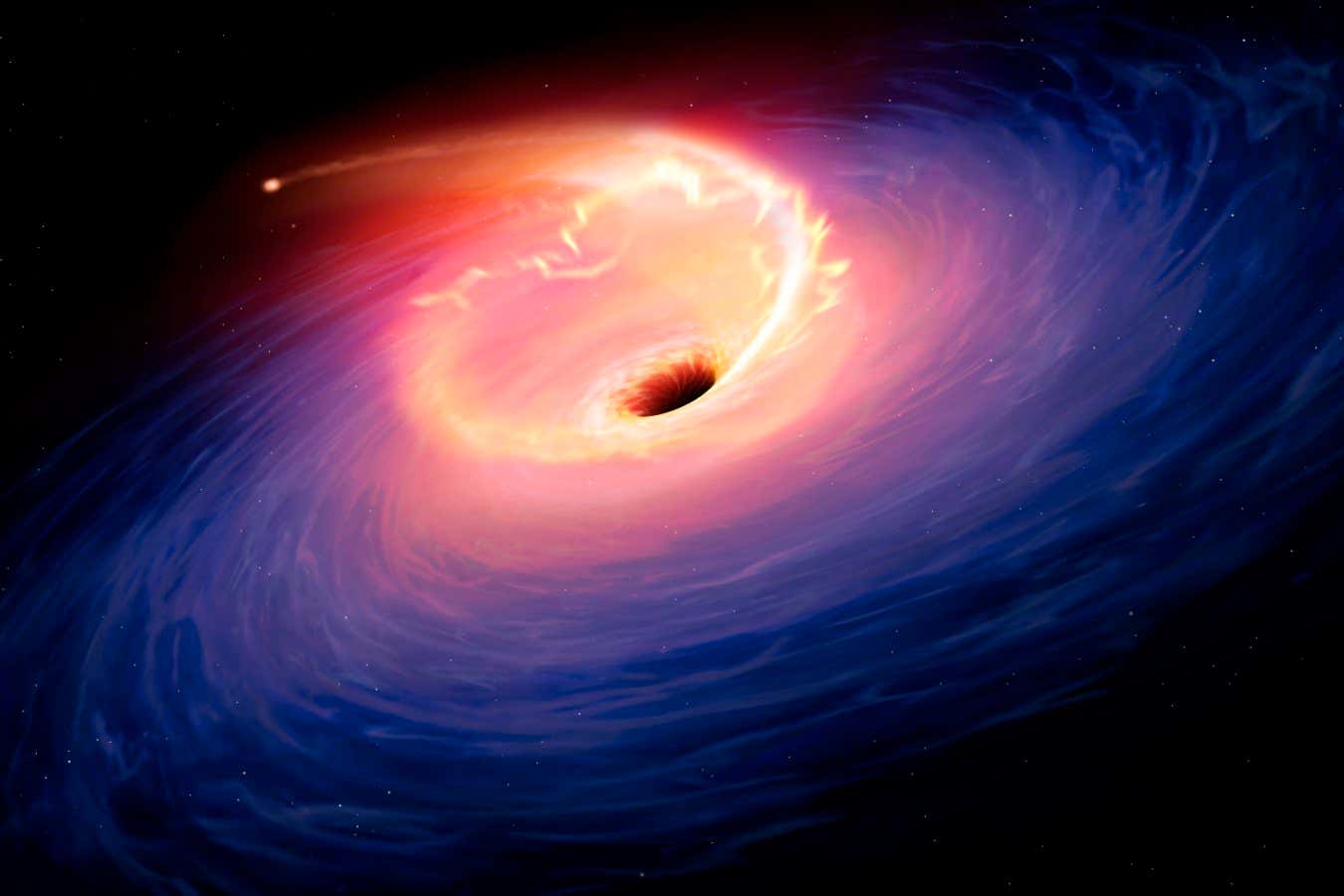 Illustration depicting a tidal disruption event (TDE). TDEs are causes when a star passes close to a supermassive black hole and get torn apart by the gravity of the latter. The debris forms a fan-shaped pattern around the black hole before eventually falling in.