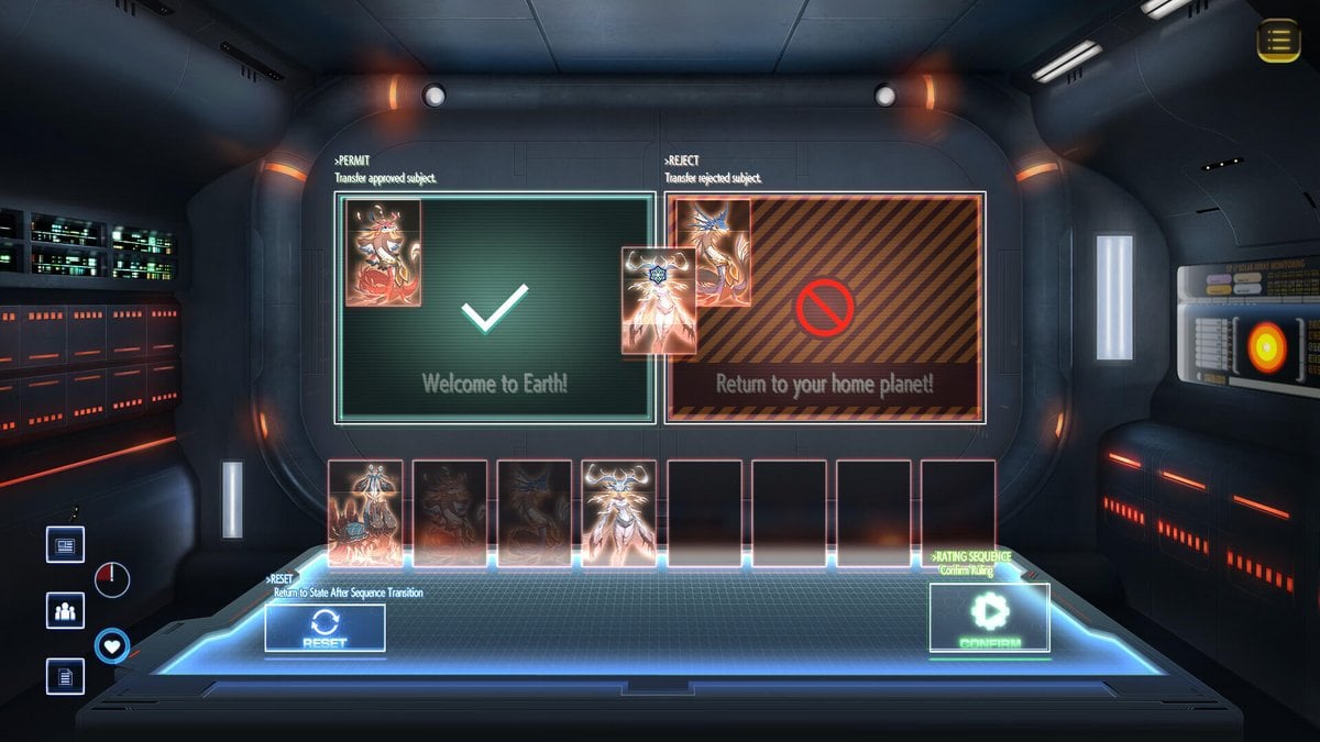 The player choosing whether to accept or reject an alien in Arc System Works' game Donutal