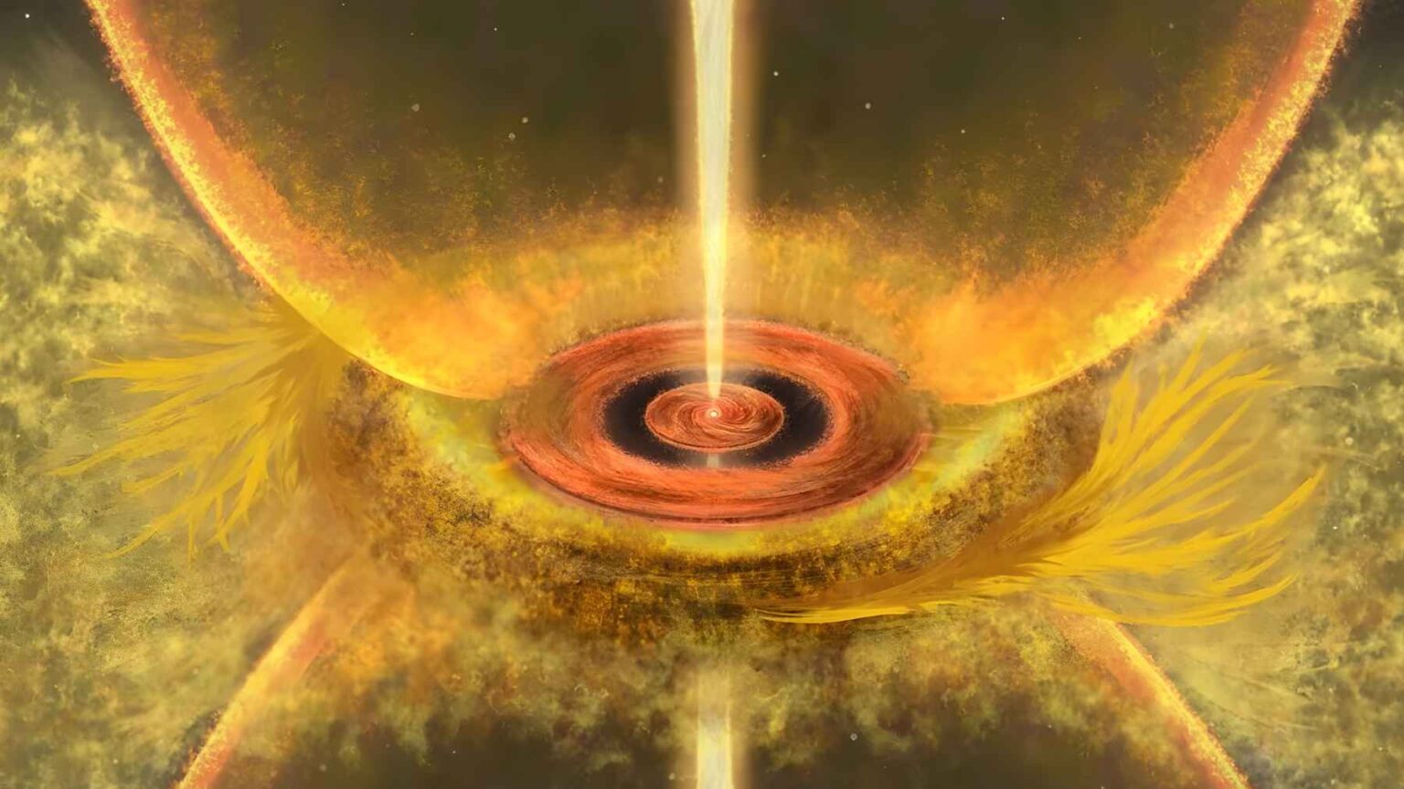 ALMA image of a protoplanetary disk showing rings and gaps shaped by forming baby planets