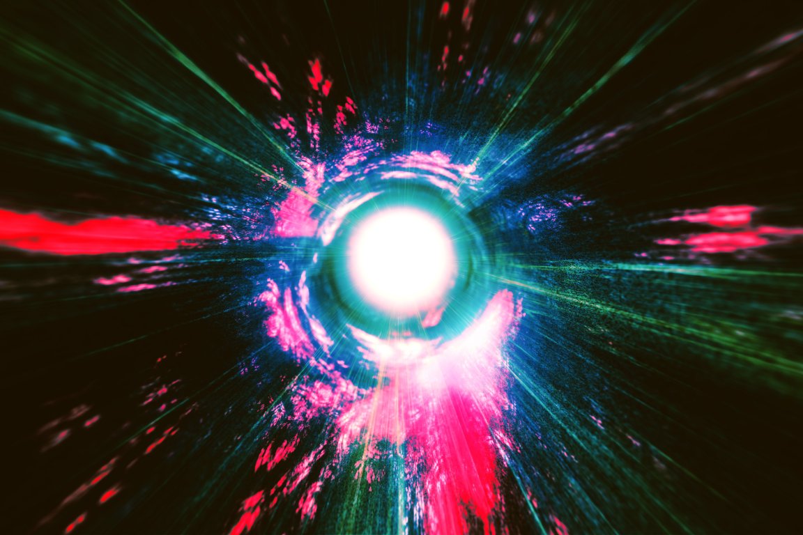 Black hole event represented by a bright white light at the center surrounded by a circular pattern of blue and pink hues, with streaks of light radiating outward against a dark background, creating a dynamic, energetic effect.