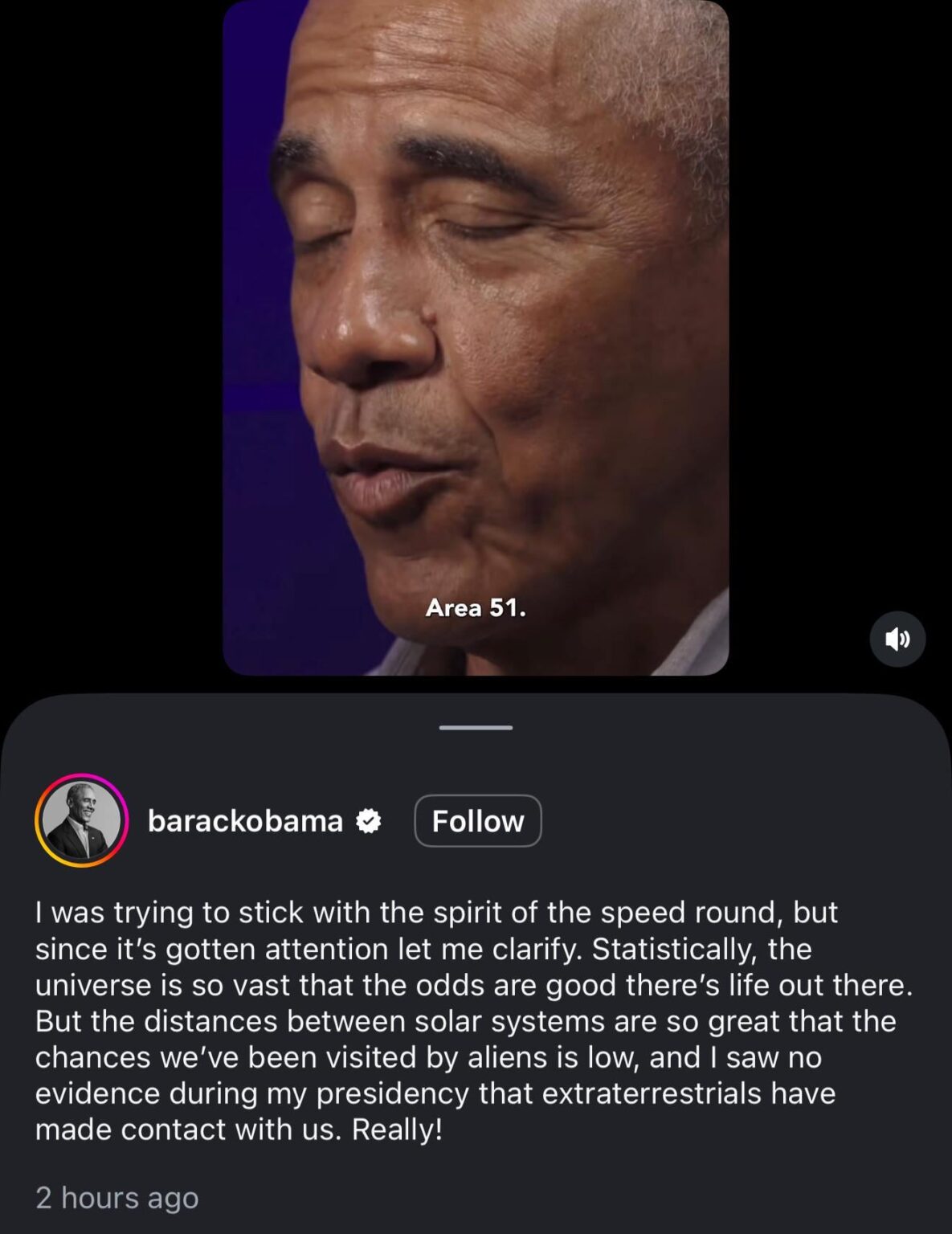 Obama walks back his aliens “are real” comment on instagram today