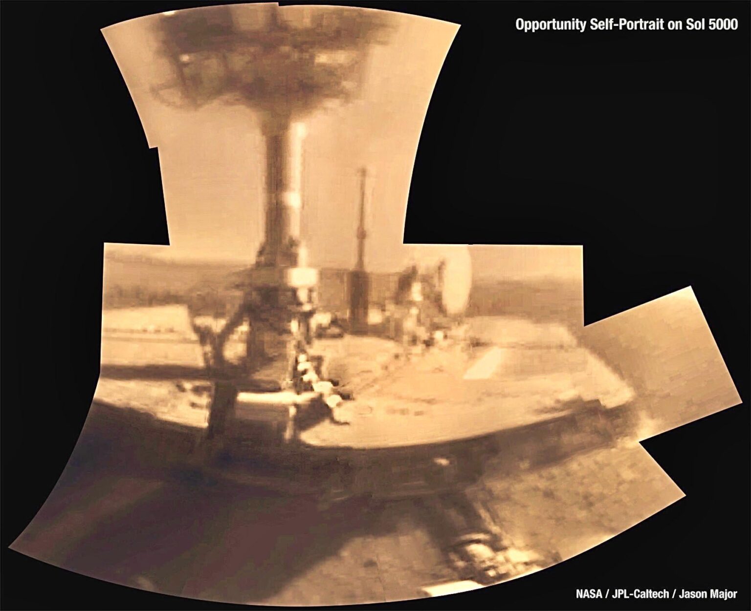 Opportunity couldn’t take selfies as easily as Curiosity can, but this was its first similar attempt comprising 17 separate images (post-processed and color added) captured by Opportunity’s Microscopic Imager on February 15, 2018—its 5,000th sol on Mars. Processed by Jason Major