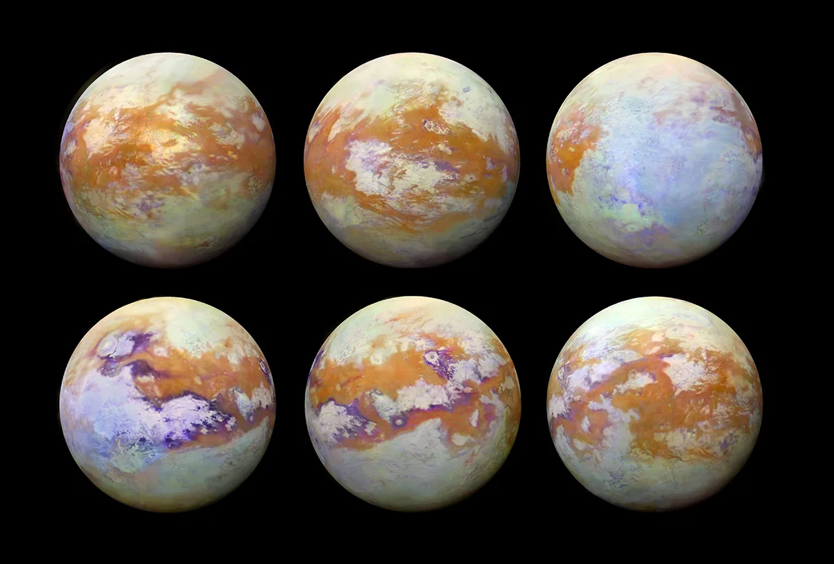 Six infrared images of Saturn's moon Titan captured by the Cassini spacecraft. Credit: NASA/JPL-Caltech/University of Nantes/University of Arizona