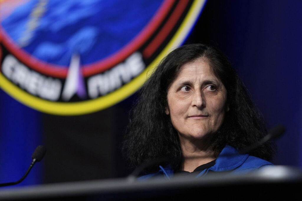 <i>Ashley Landis/AP via CNN Newsource</i><br/>Astronaut Suni Williams talks to reporters during a press conference at NASA's Johnson Space Center in Houston in March 2025.