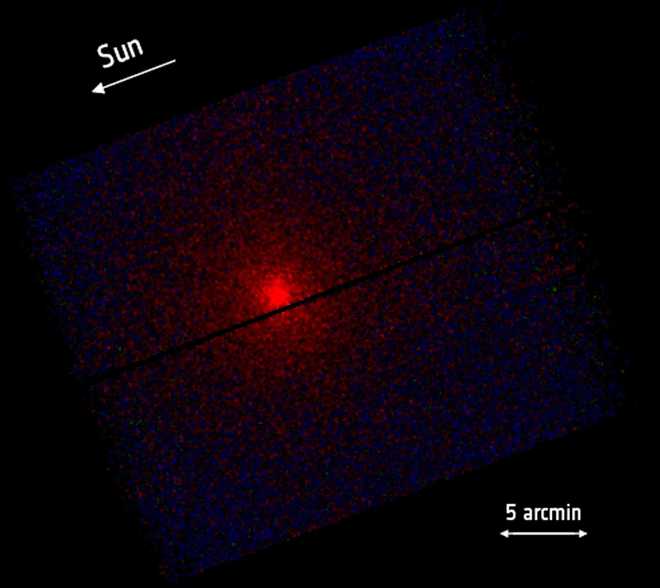 The XMM-Newton observatory spotted a red X-ray glow around the interstellar comet on December 3. The XMM-Newton observatory spotted a red X-ray glow around the interstellar comet on December 3.