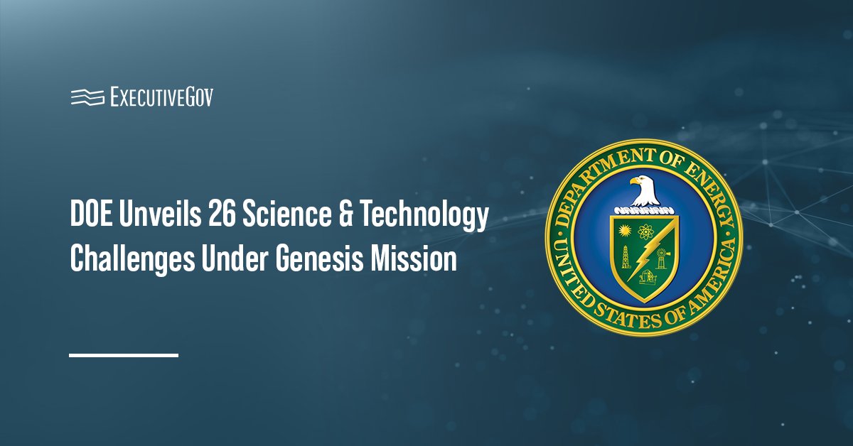 Department of Energy logo. DOE unveiled 26 science and tech challenges to advance the Genesis Mission and AI innovation.