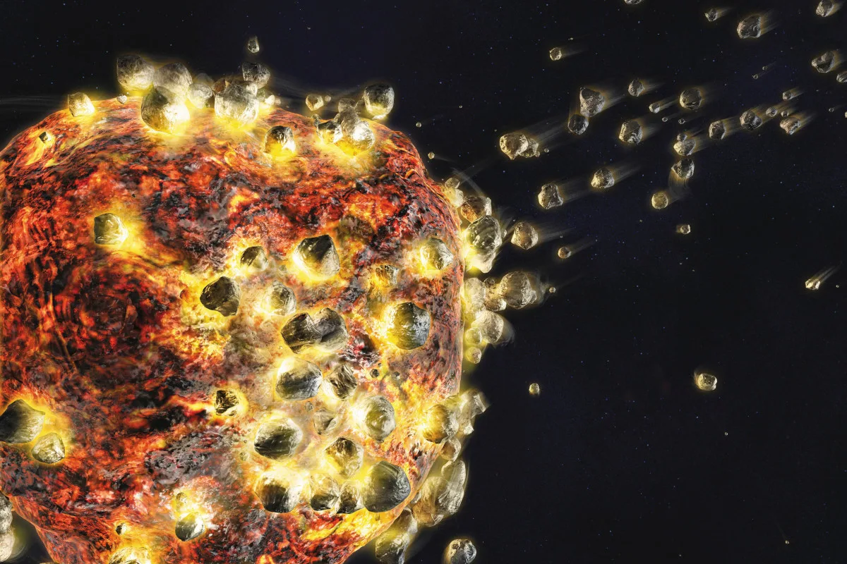 Computer illustration of small rocky bodies (planetesimals) accreting with a protoplanet in the early Solar System