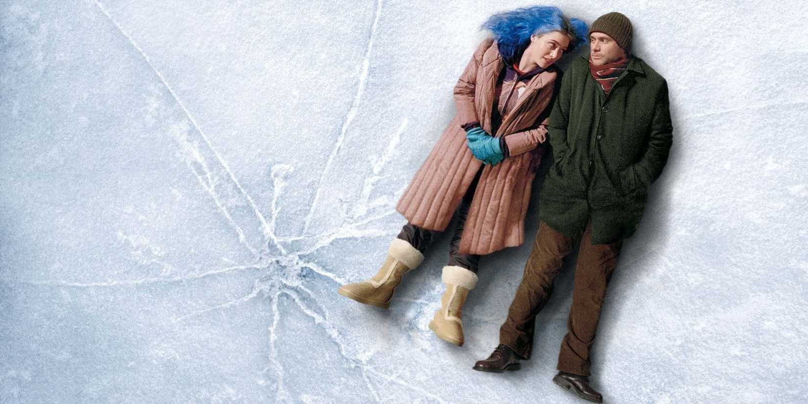 Kate Winslet as Clementine and Jim Carrey as Joel lying on the ice in Eternal Sunshine of the Spotless Mind.