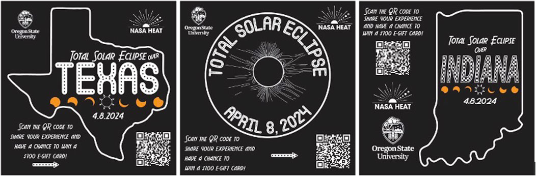 Stickers announce a total solar eclipse on April 8, 2024, over Texas and Indiana. The Oregon State University and NASA Heat logos are featured. Illustrations show eclipse phases, with QR codes for sharing experiences and entering a gift card contest.