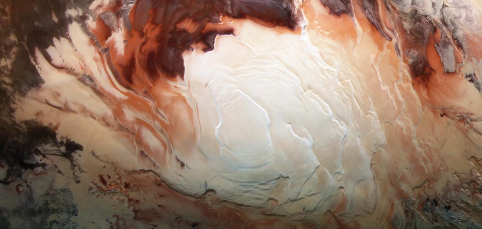 Image of Mars’ south pole was captured by ESA's Mars Express orbiter in 2015. There is evidence for liquid water beneath the icy surface.Image: ESA/DLR/FU Berlin/Bill Dunford