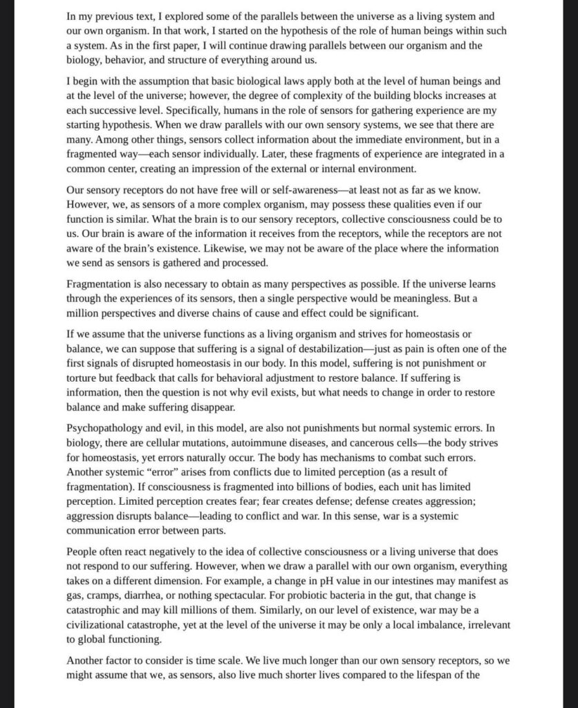 Model of the Universe as a living system II