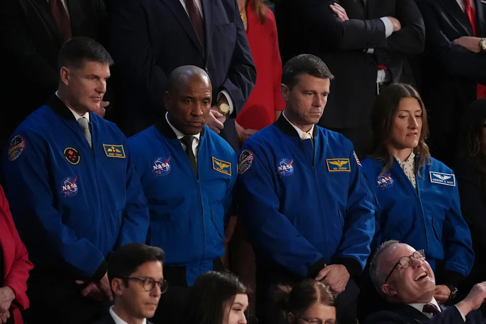 The Artemis II astronauts (L-R) Canadian Space Agency mission specialist Jeremy Hansen, pilot Victor Glover, commander Reid Wiseman and mission specialist Christina Koch attend the State of the Union address on Feb. 24.