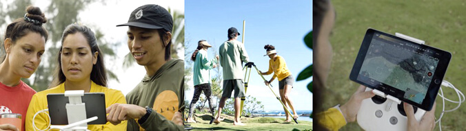 3 photos, students doing research