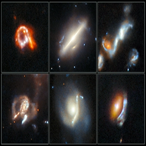 A collage of six images, showing different kinds of “anomalous” astrophysical objects. These are galaxies with unusual shapes, among them a ring-shaped galaxy, a bipolar galaxy, a group of merging galaxies, and three galaxies with warped arcs created by gravitational lensing. Credit: ESA
