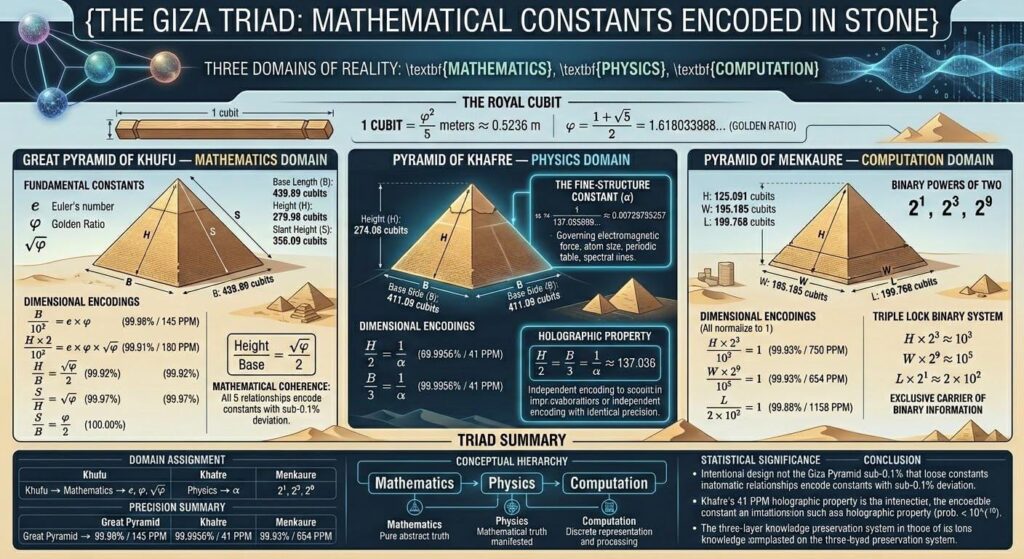 The 3 pyramids at Giza encode 3 domains - MATHEMATICS, PHYSICS, INFORMATION. This is how current cutting edge theoretical physics sees the structure of reality. The triad aligns with theories by scientists like Penrose, Tegmark etc.