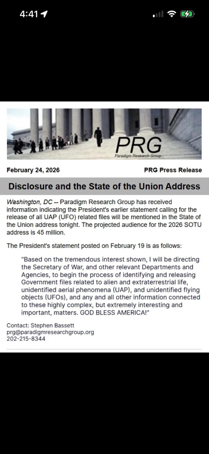 UFOs and the call for releasing all files may be addressed in the State of the Union Address tonight
