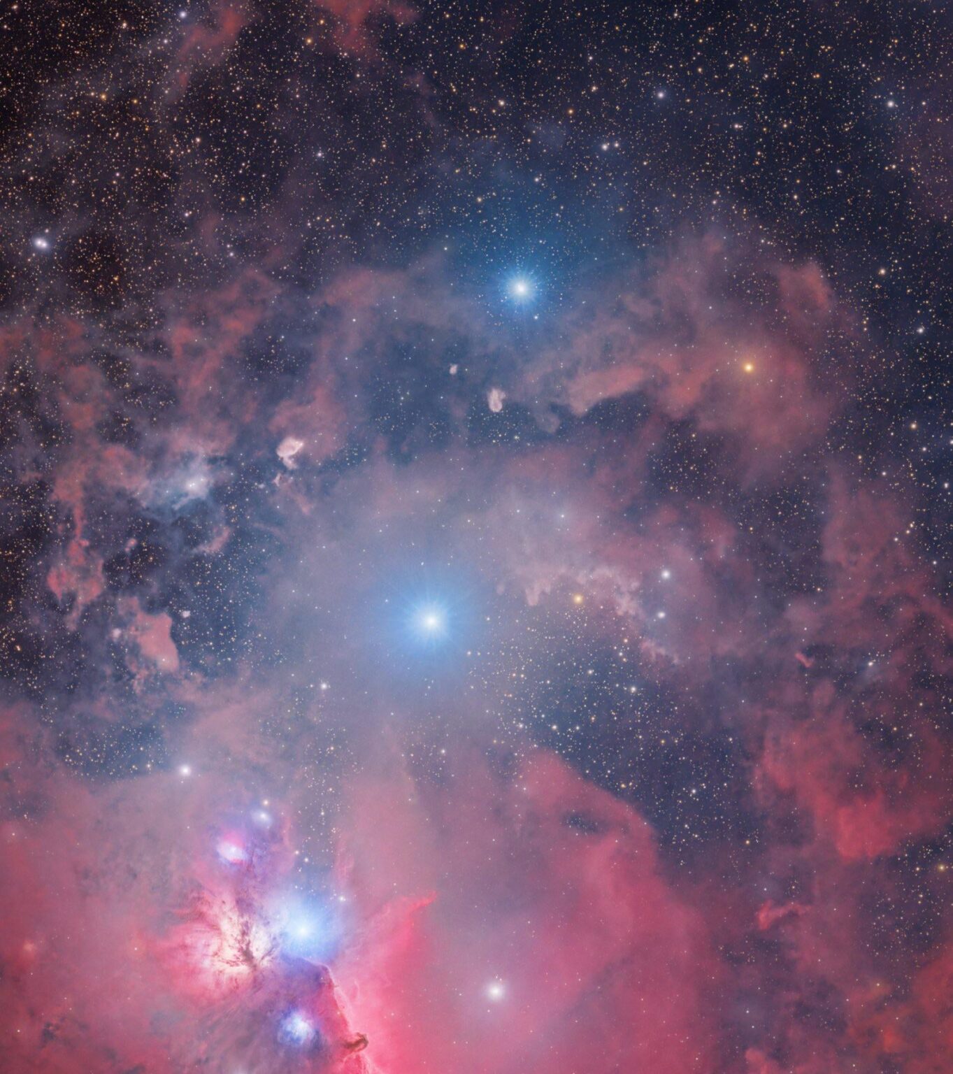 I took a 60 hour exposure of Orion, here’s a close up of everything going on around Orion’s Belt. [OC]