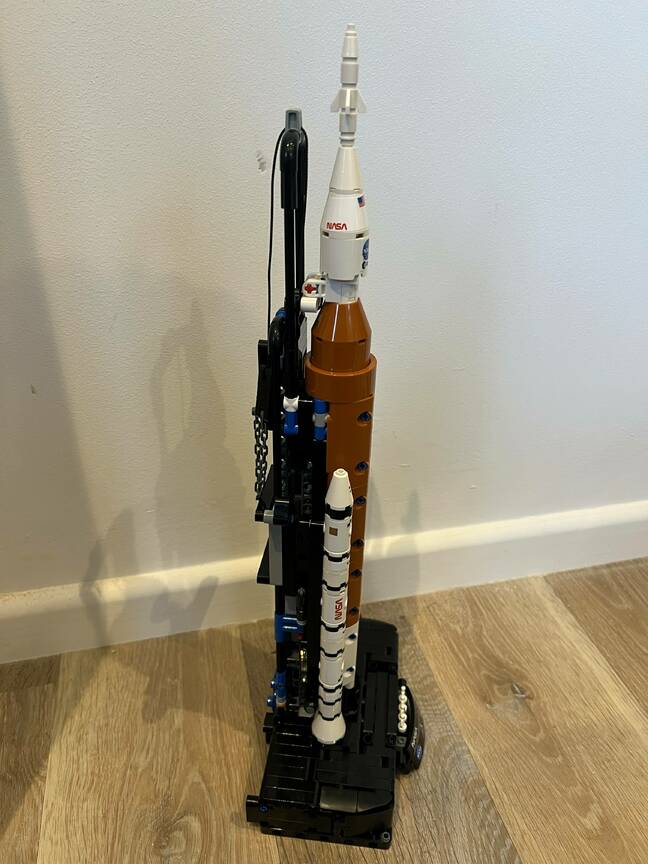 Side view of the Lego SLS showing the mounting rail