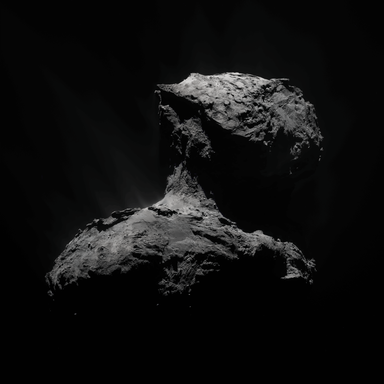 Comet 67P/Churyumov–Gerasimenko imaged by ESA's Rosetta spacecraft in approx. true colors.