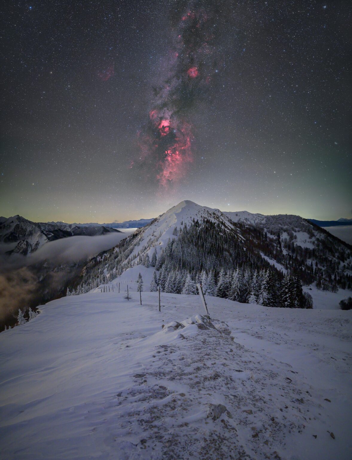 Under Cygnus, Above the Fog - Mt. Slatnik, Slovenia (OC)(2200x2871)