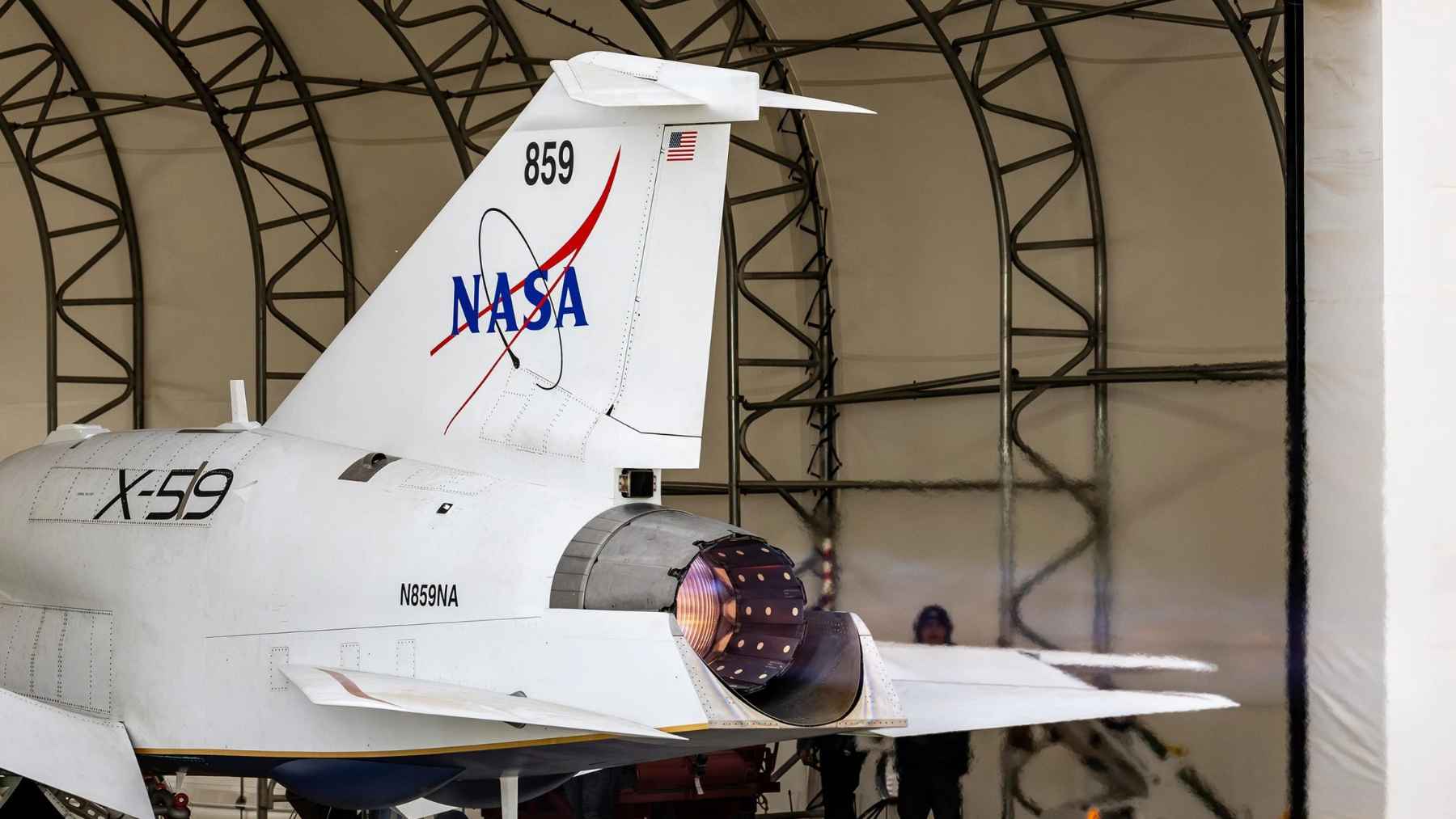 NASA X-59 quiet supersonic aircraft firing its afterburner during ground test at Lockheed Martin Skunk Works in Palmdale.