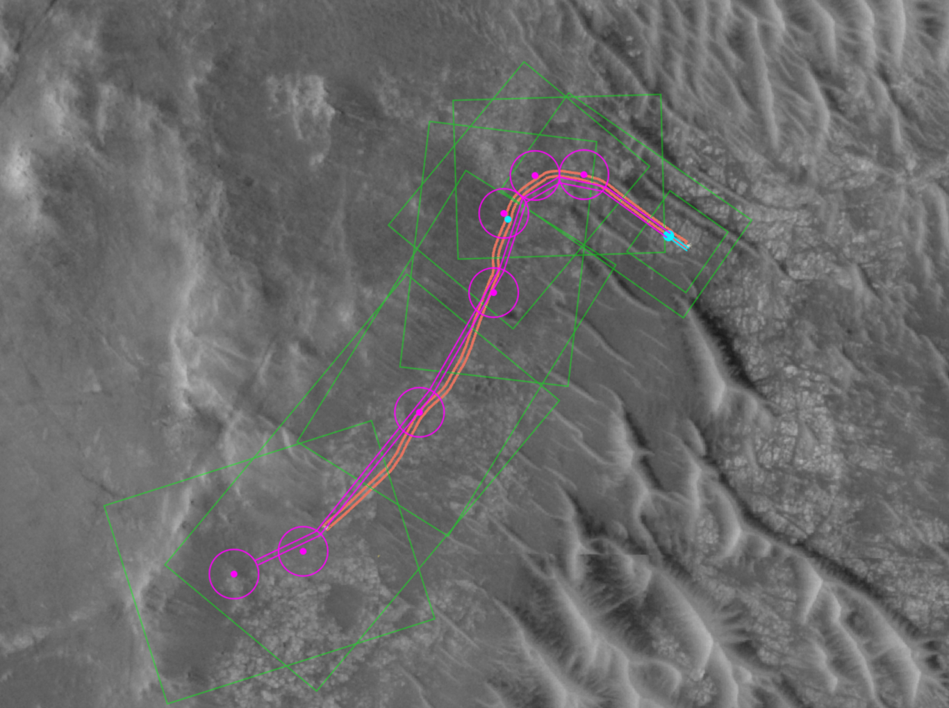 This annotated orbital image depicts the AI-planned (depicted in magenta) and actual (orange) routes the Perseverance Mars rover took during its Dec. 10, 2025, drive at Jezero Crater. The drive was the second of two demonstrations showing that generative AI could be incorporated into rover route planning.
