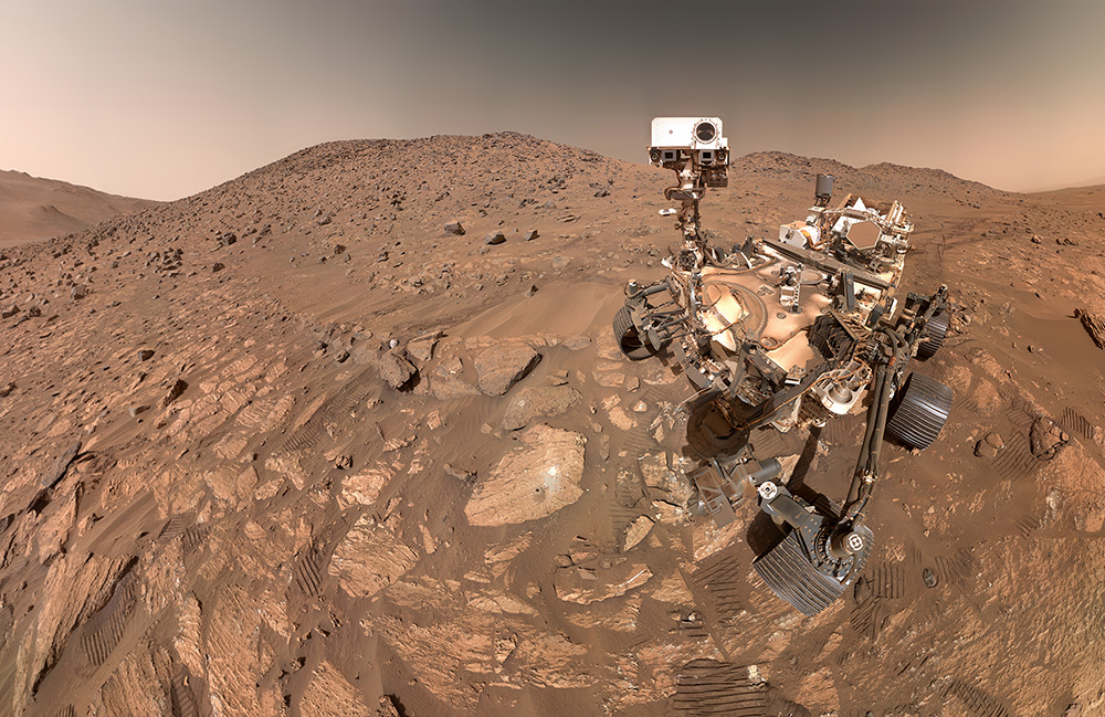 The Perseverance Rover taking a selfie on a rock named Cheyava Falls.
